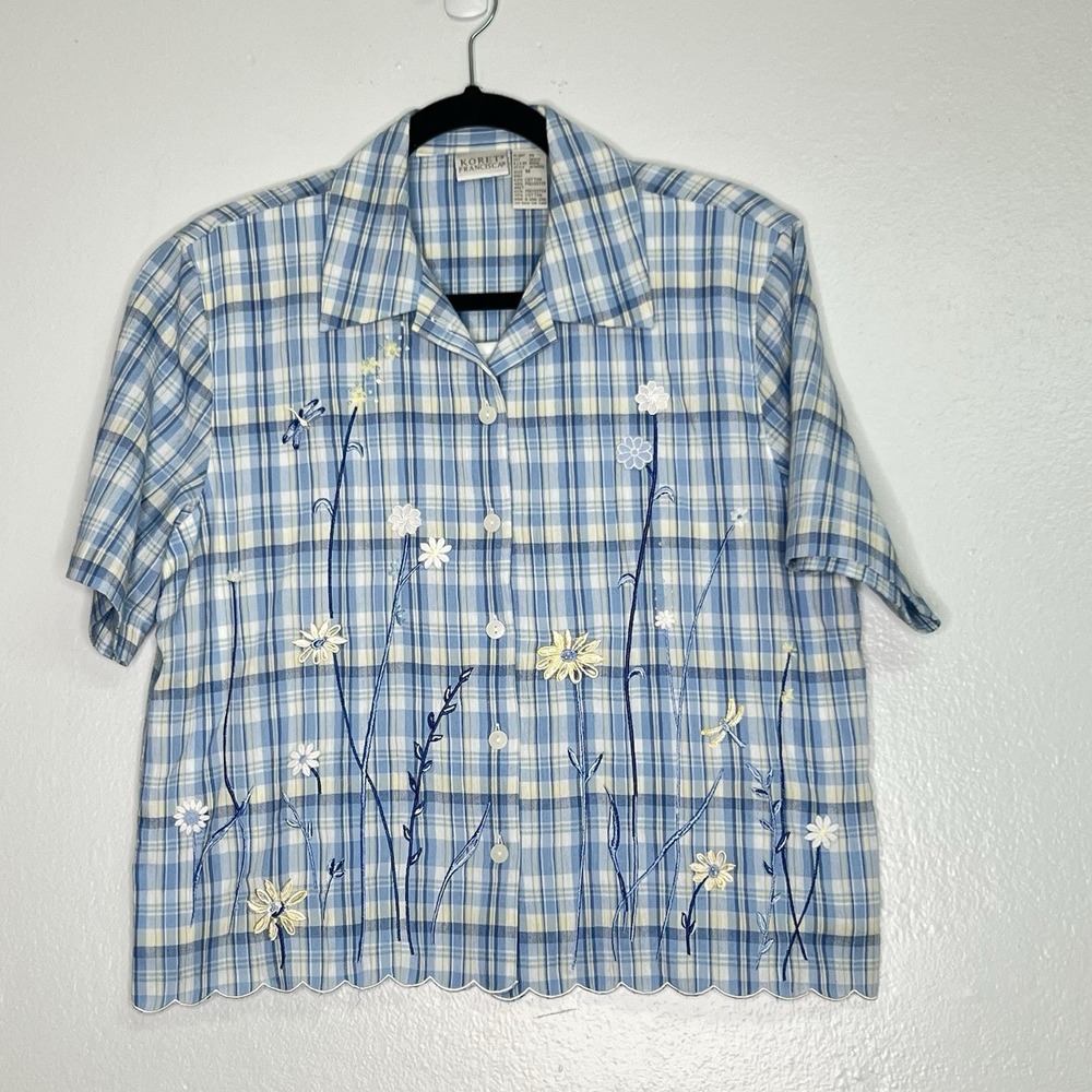 Vtg Koret Francisca Embroirery Plaid Shirt Dainty Beads Flower Womens M